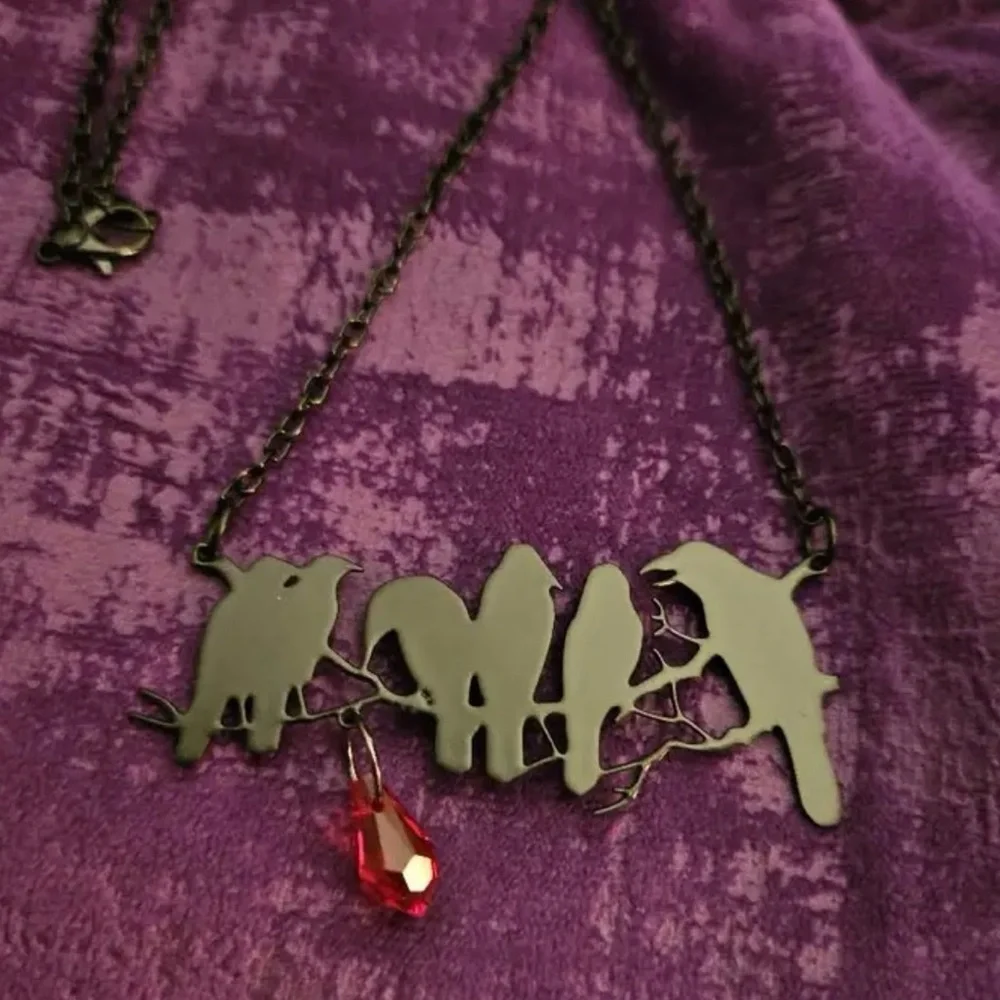 “Raven” Edgar Poe Perched Crows Birds Blood Droplet Macabre Gothic Grim Necklace - Picture 16 of 16